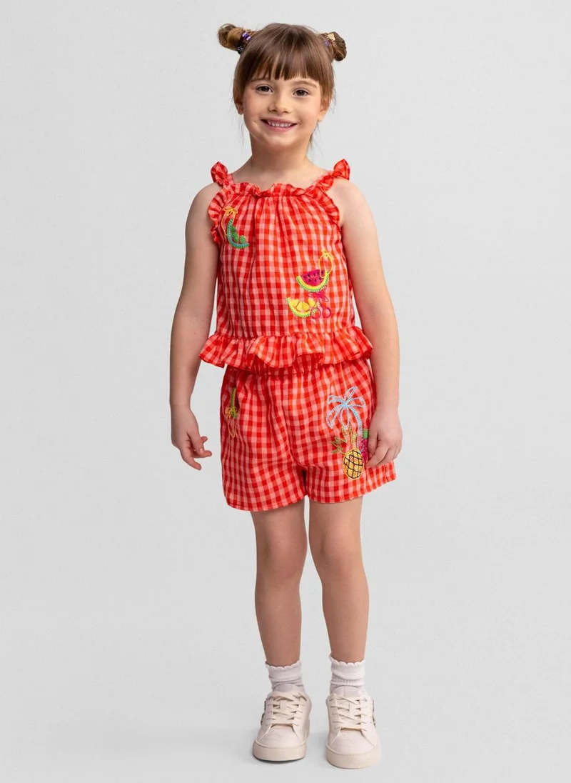 MINOTI Girls gingham shorts set orange embroidery cotton blend